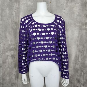Vintage 80s 90s Wild Rose OS Purple Hollow Out Eyelet‎ Glam Rock Popover Top